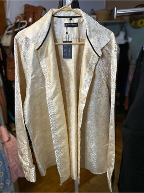 Cream Floral Jacquard Blazer with Black Piping
